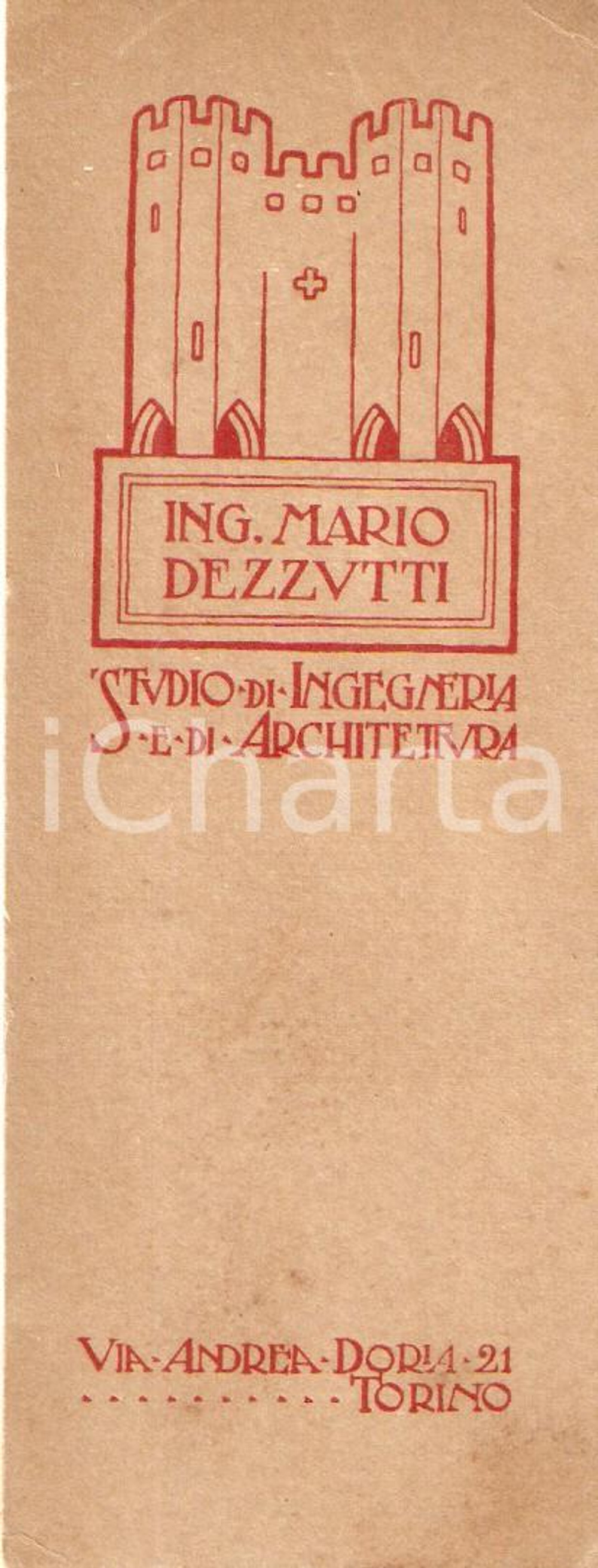 Oggetto da collezione cartaceo 1955 ca TORINO Ingegner Mario DEZZUTTI Studio ingegneria architettura Segnalibro 1