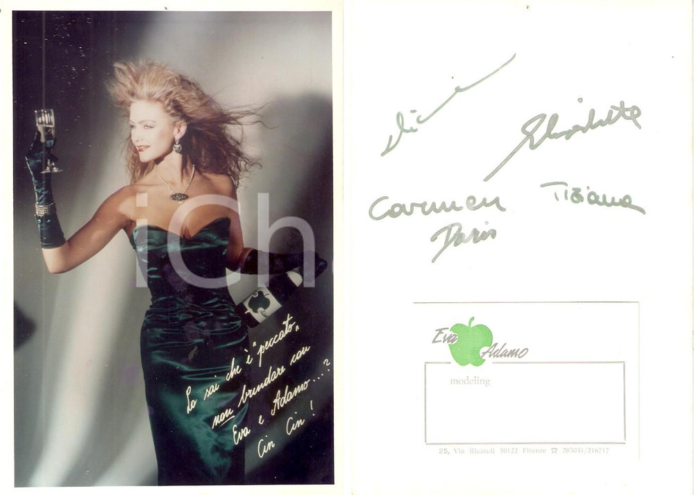 Fotografia d epoca originale 1980 ca FIRENZE Eva e Adamo Modeling Auguri di buon anno dallo staff Autografi 1