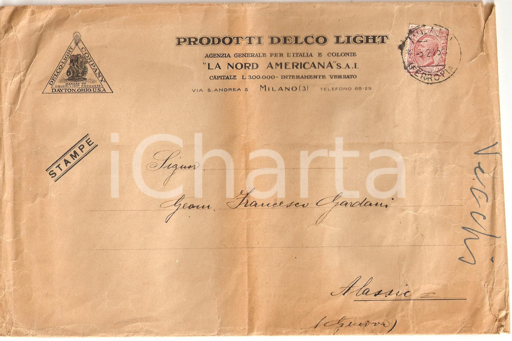 Oggetto da collezione cartaceo 1925 MILANO Prodotti DELCO LIGHT Agenzia Nord Americana SAI Busta VUOTA 1