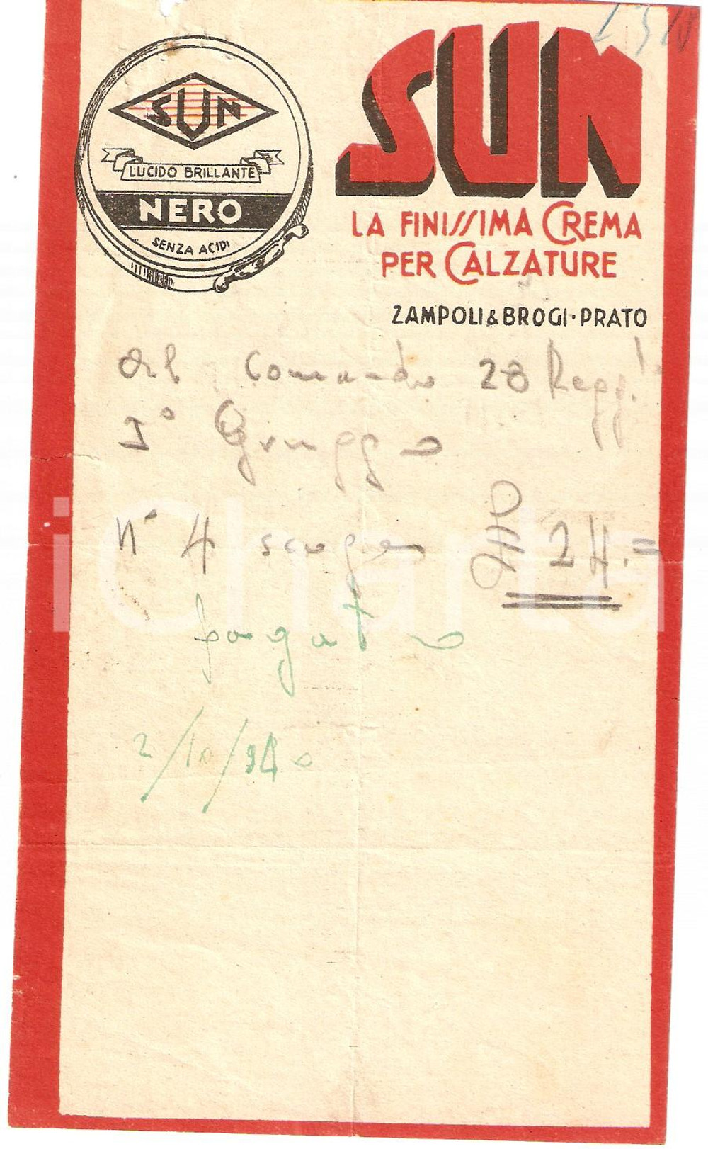 Oggetto da collezione cartaceo 1954 PRATO Ditta ZAMPOLI E BROGI Lucido da scarpe SUN Carta intestata 1