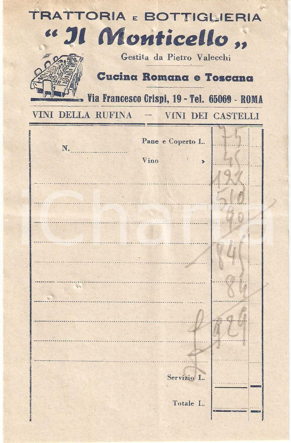 Materiale pubblicitario d’epoca 1950 ca ROMA Trattoria Bottiglieria IL MONTICELLO Vini dei Castelli Ricevuta 1