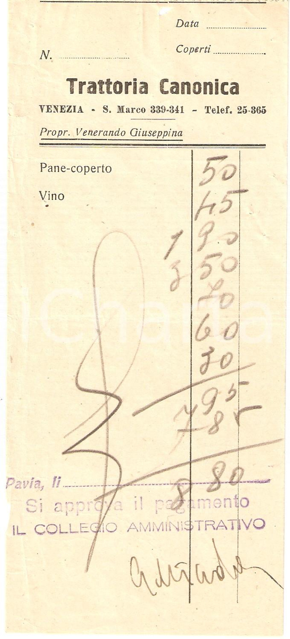 Materiale pubblicitario d’epoca 1950 ca VENEZIA Trattoria CANONICA di Giuseppina VENERANDO Ricevuta 1