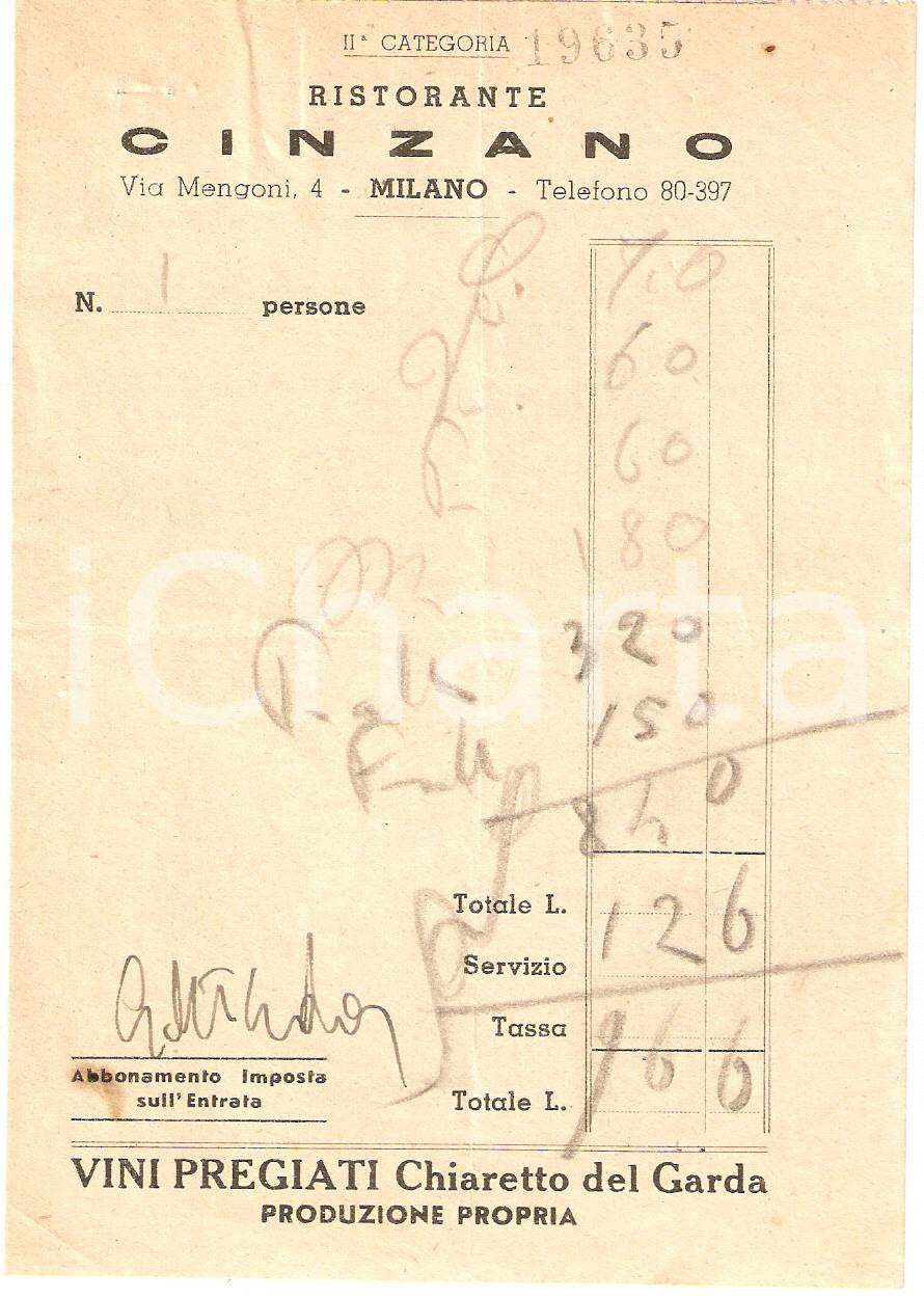 Materiale pubblicitario d’epoca 1950 ca MILANO Ristorante CINZANO Vini Pregiati CHIARETTO DEL GARDA Ricevuta 1