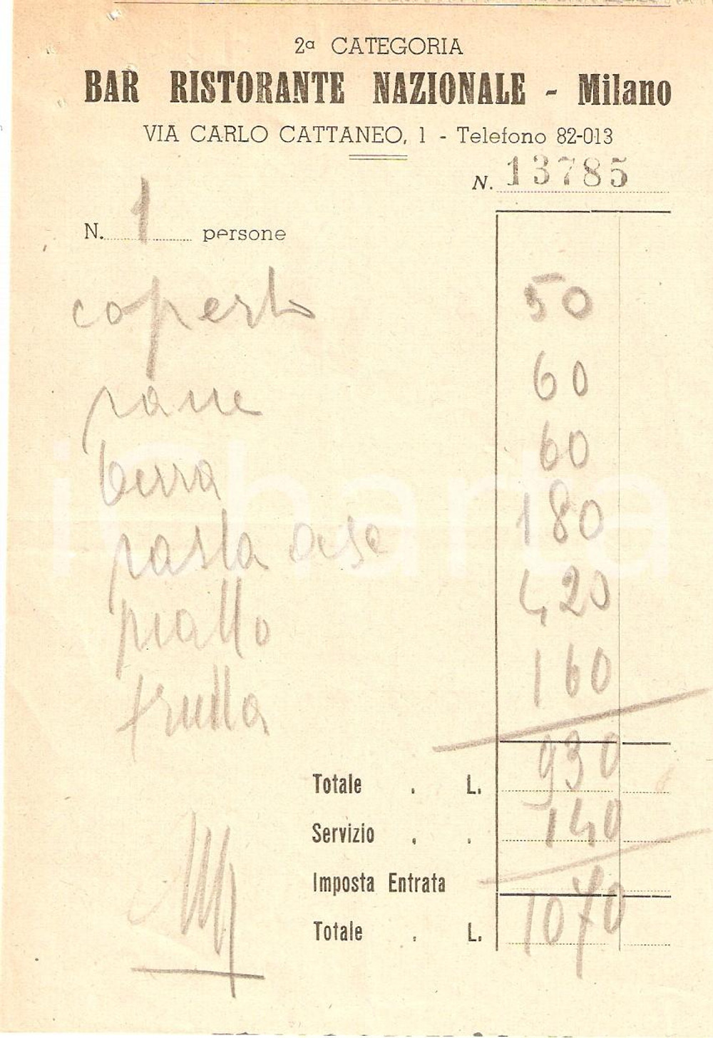 Materiale pubblicitario d’epoca 1950 ca MILANO Bar Ristorante NAZIONALE Ricevuta 1