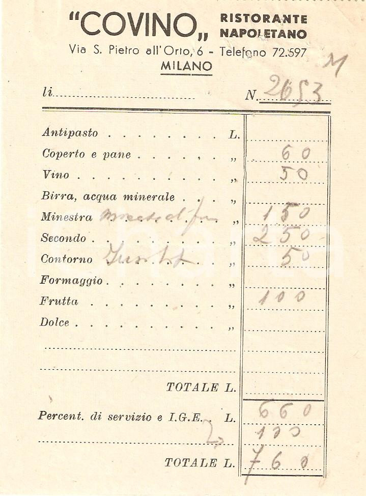Materiale pubblicitario d’epoca 1950 ca MILANO Via S. Pietro all Orto 6 Ristorante napoletano COVINO Ricevuta 1