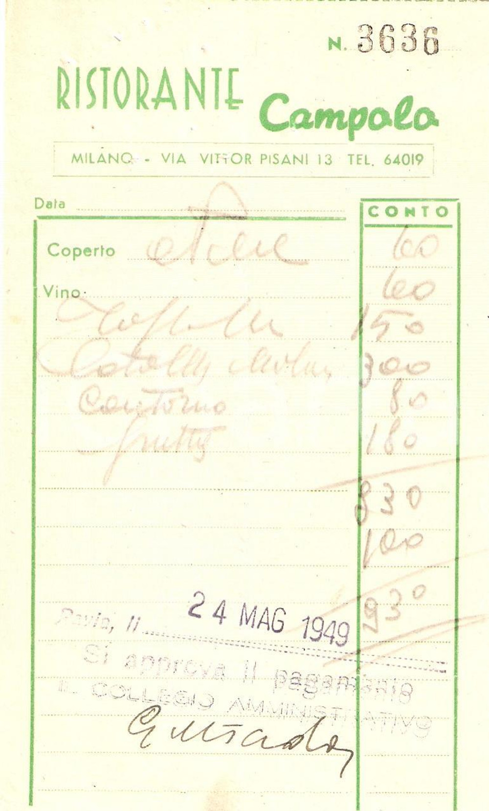 Materiale pubblicitario d’epoca 1949 MILANO Ristorante CAMPOLO Ricevuta 1