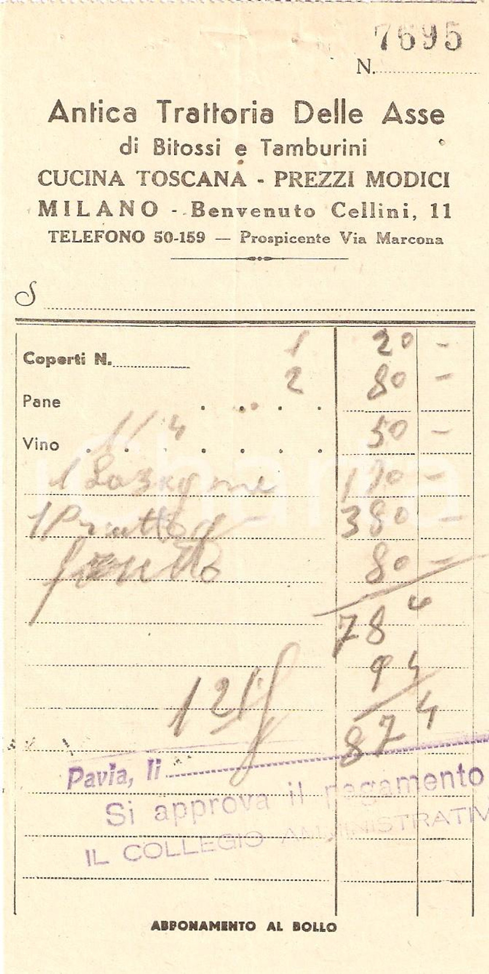 Materiale pubblicitario d’epoca 1950 ca MILANO Antica Trattoria delle Asse di BITOSSI e TAMBURINI Ricevuta 1