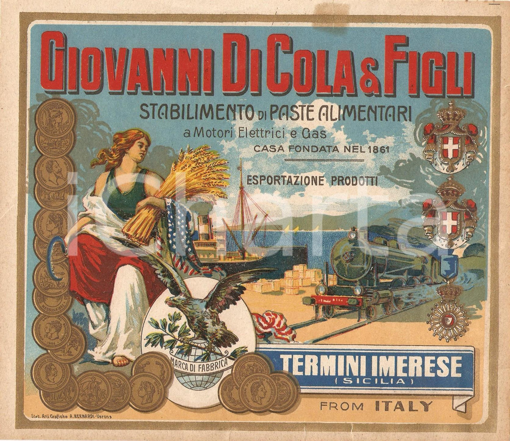 Materiale pubblicitario d’epoca 1920 ca TERMINI IMERESE PA Giovanni DI COLA Stabilimento paste ETICHETTA 1