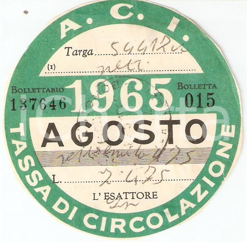 Materiale pubblicitario d’epoca 1965 ACI Automobile Club d Italia BOLLO Tassa di circolazione 1