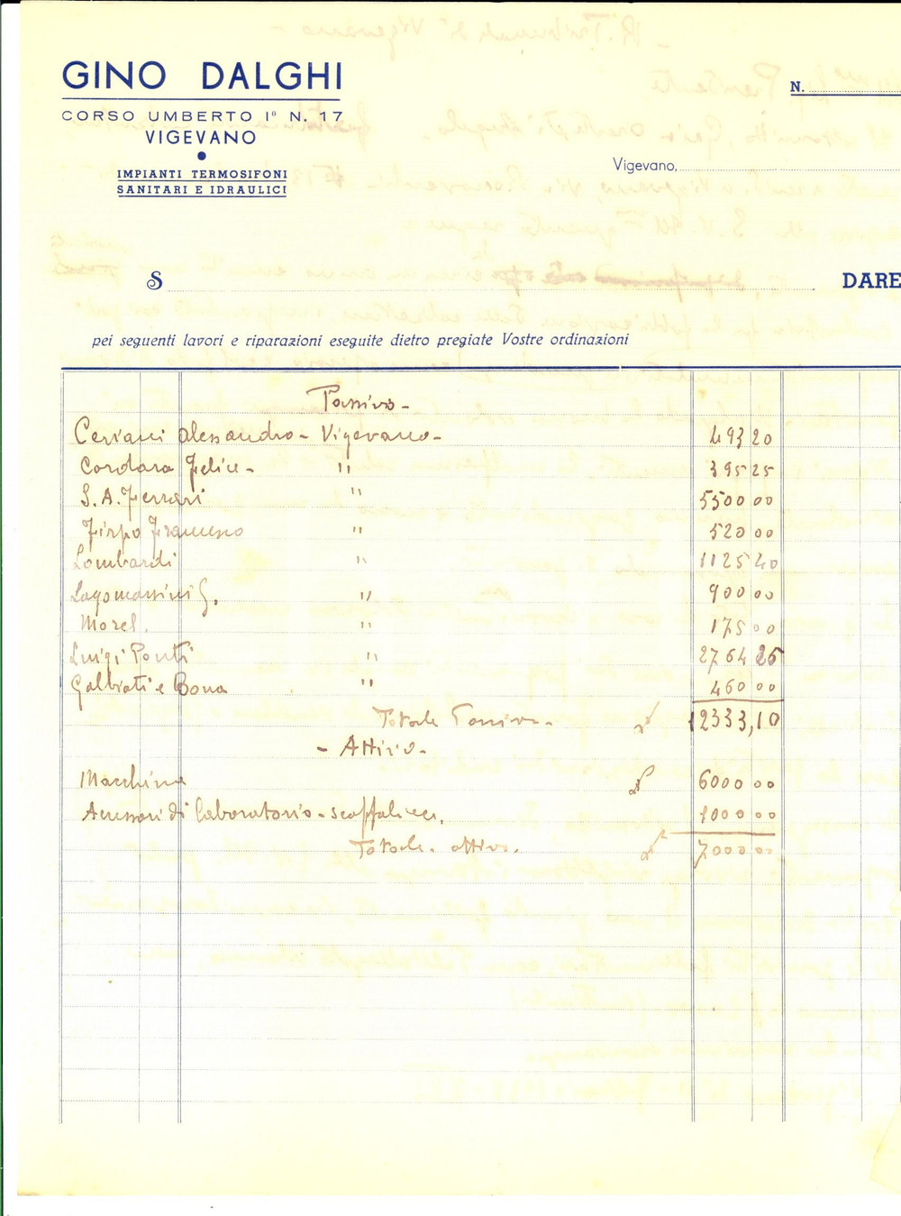 Documento originale, autentico 1938 VIGEVANO PV Passivi della ditta Gino DALGHI impianti termosifoni 1