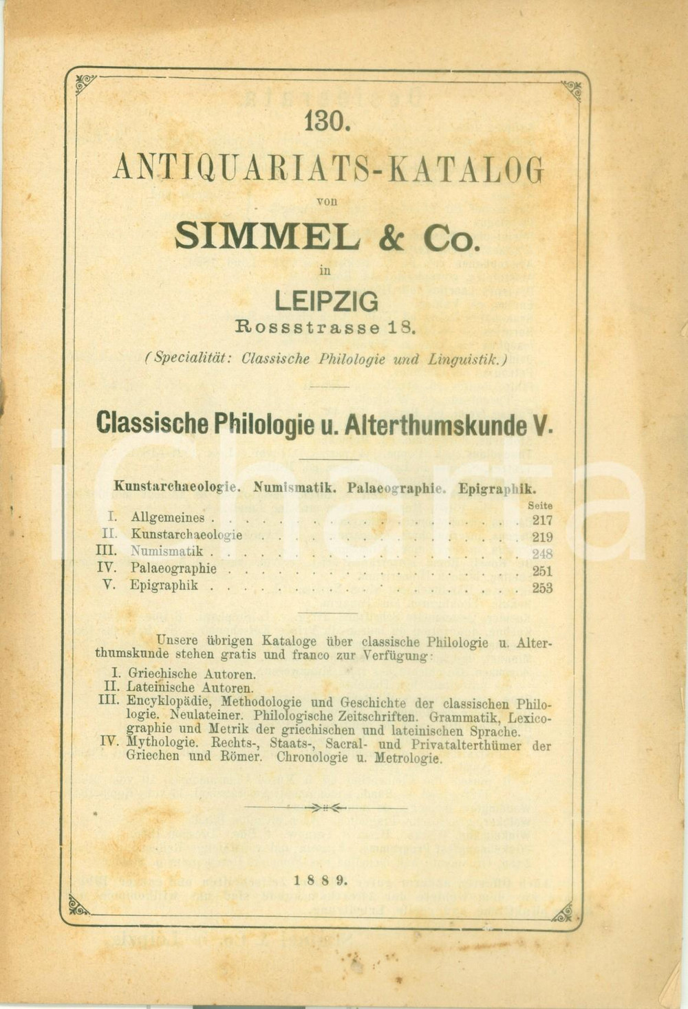 Giornale, rivista storica 1889 LEIPZIG AntiquariaatsKatalog von SIMMEL & Co. Classische Philologie 1
