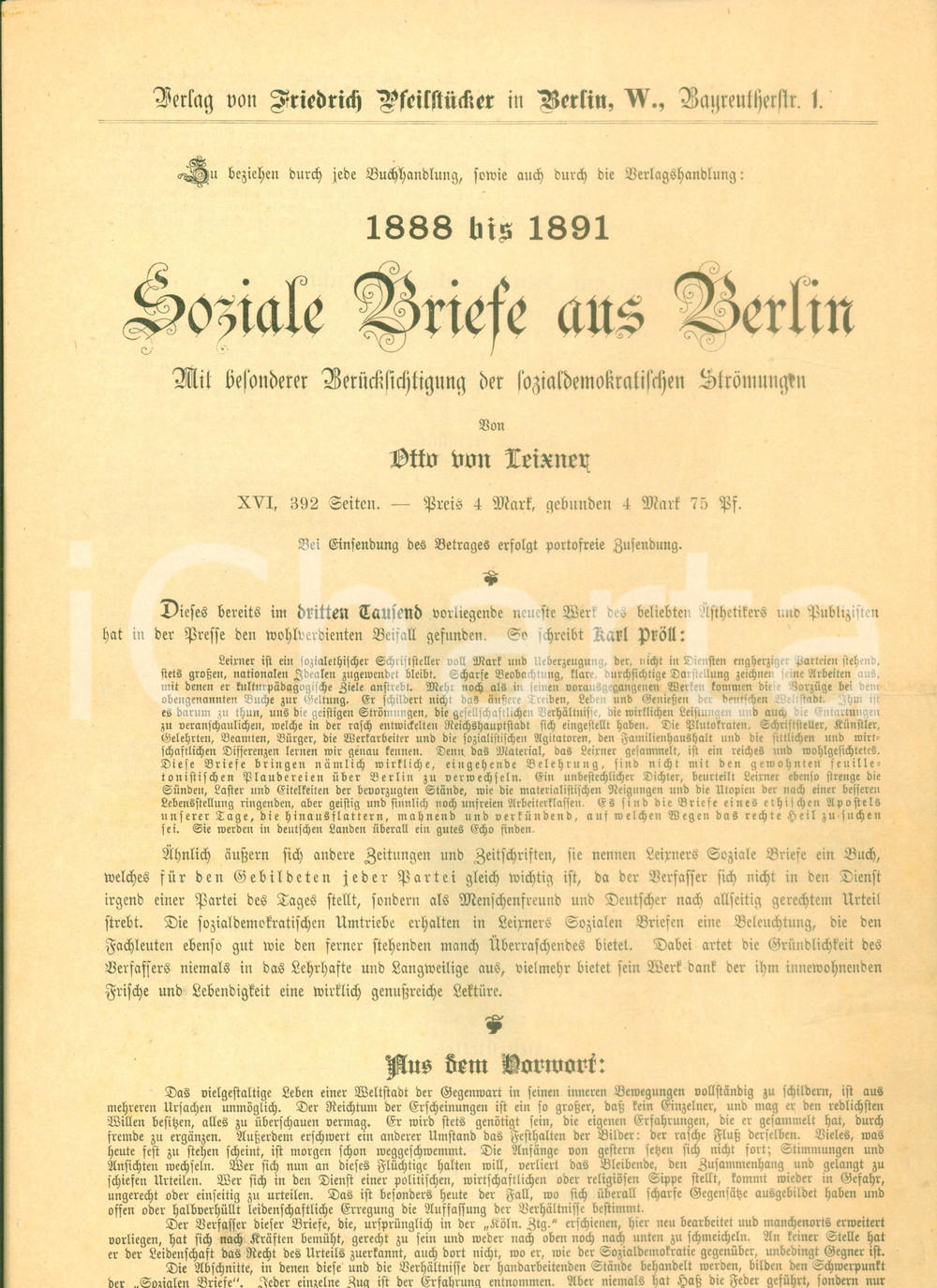 Materiale pubblicitario d’epoca 1891 BERLIN Soziale Briefe aus Berlin Volantino editoriale pubblicitario 1