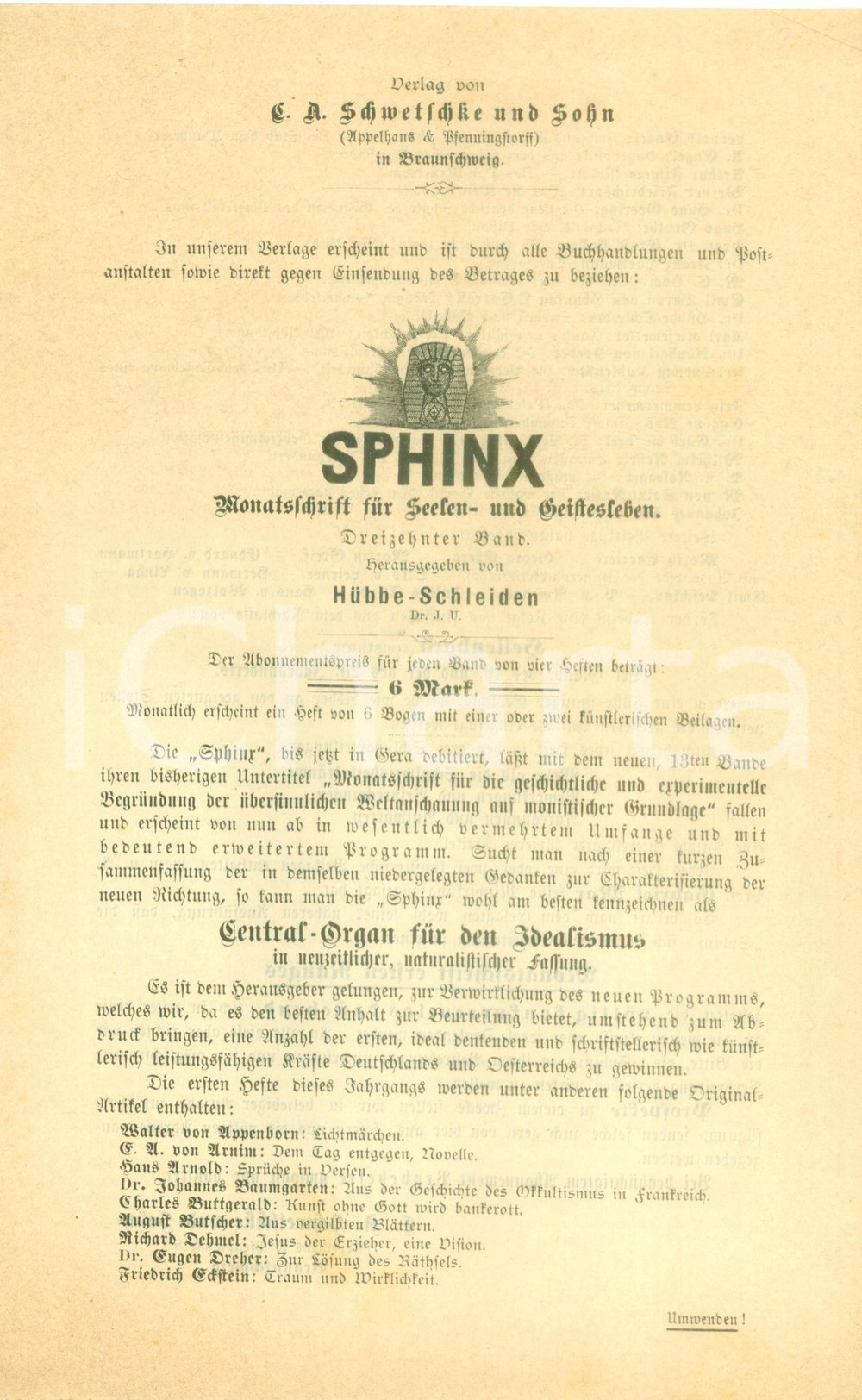 Materiale pubblicitario d’epoca 1890 ca BRAUNSCHWEIG DE Sphinx Monatschrift fÃ¼r Seelen und Geistesleben 1