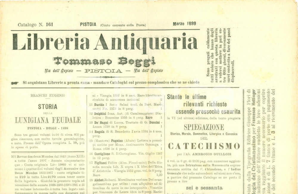 Giornale, rivista storica 1899 PISTOIA Libreria Antiquaria Tommaso BEGGI Catalogo bibliografico n. 161 1