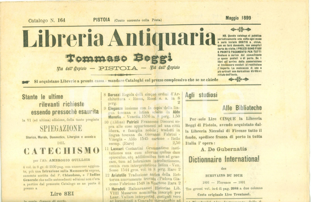Giornale, rivista storica 1899 PISTOIA Libreria Antiquaria Tommaso BEGGI Catalogo bibliografico n. 164 1