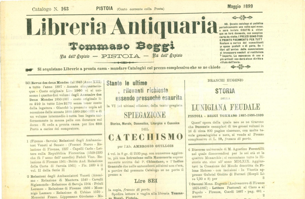 Giornale, rivista storica 1899 PISTOIA Libreria Antiquaria Tommaso BEGGI Catalogo bibliografico n. 163 1