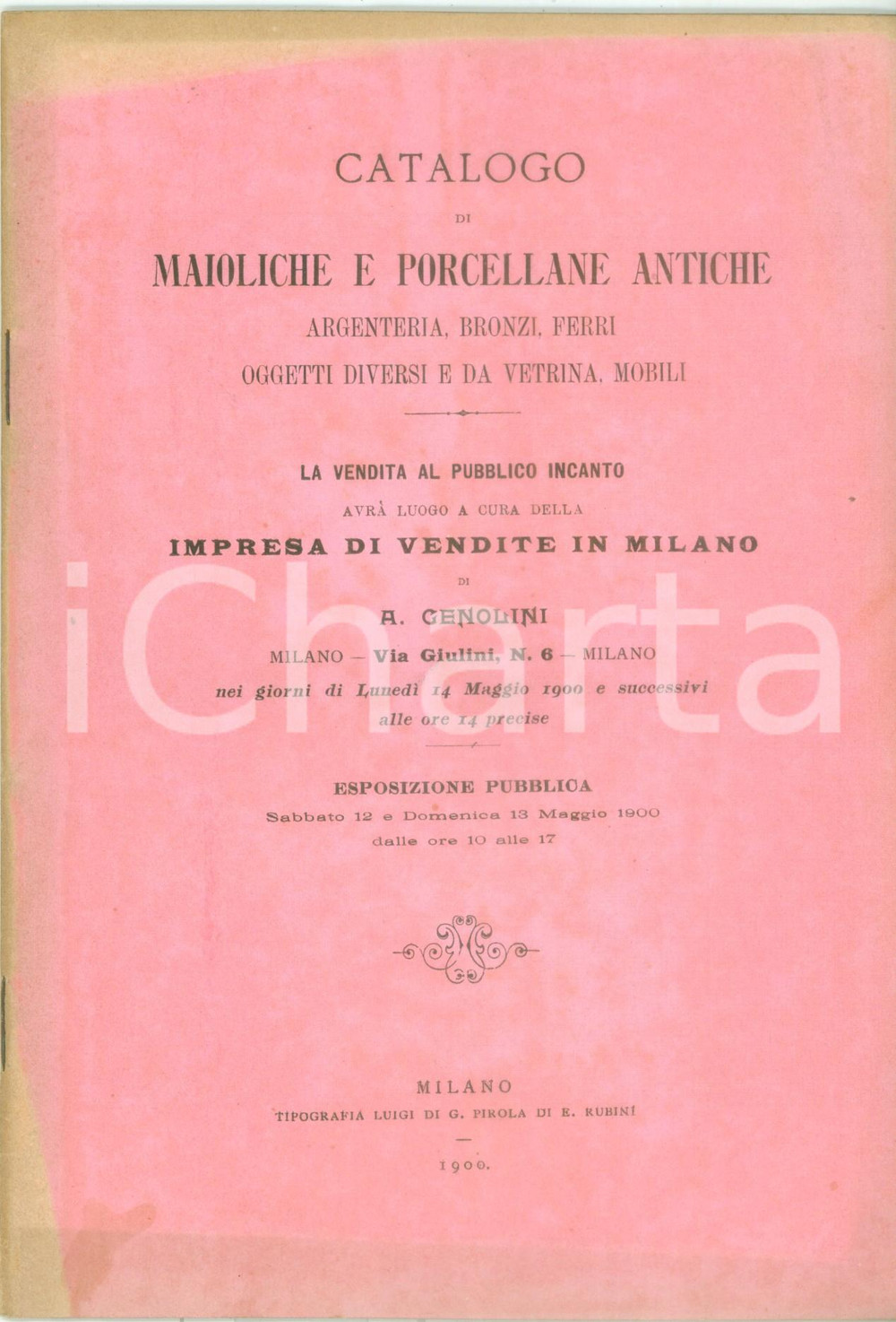Giornale, rivista storica 1900 MILANO Catalogo maioliche e porcellane antiche argenteria GENOLINI 1