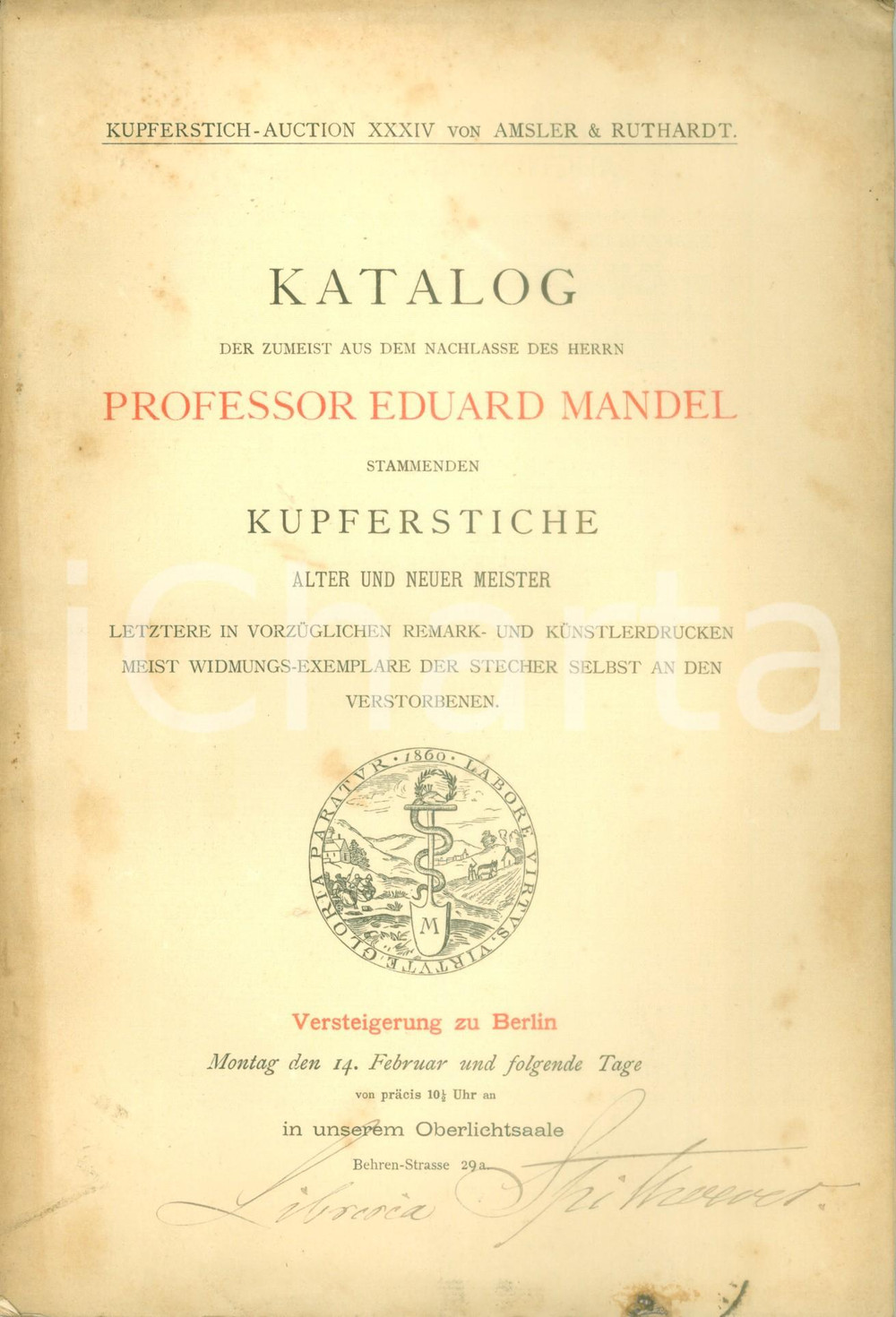 Giornale, rivista storica 1887 BERLIN Katalog Professor Eduard MANDEL Kupferstiche Alter und Neuer Meister 1