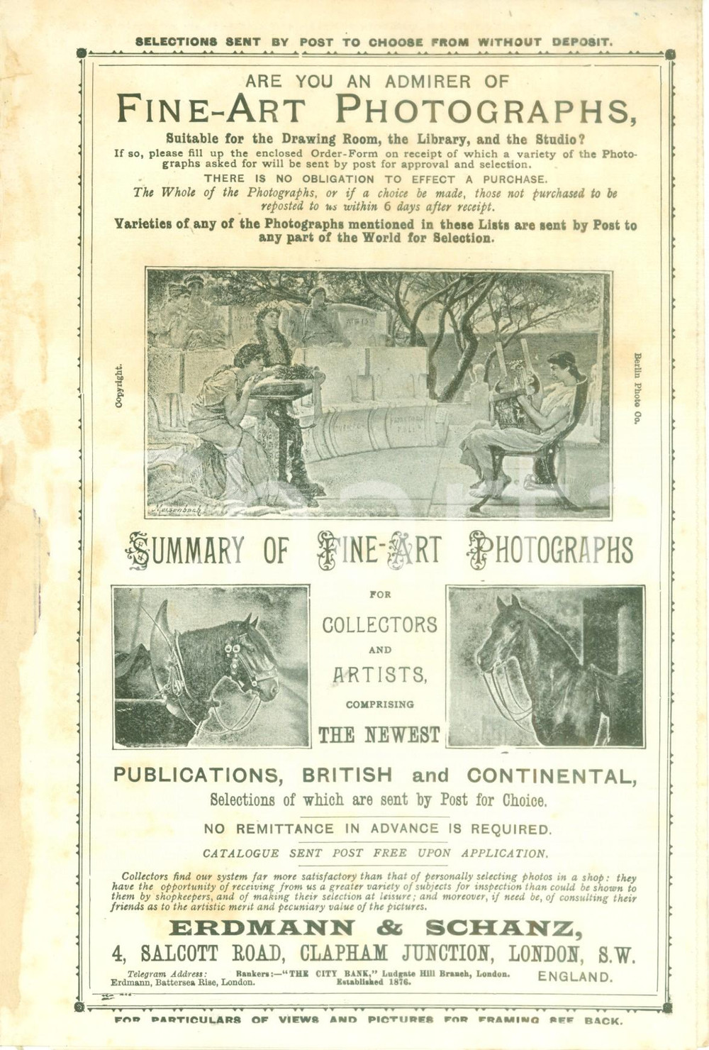 Materiale pubblicitario d’epoca 1890 ca LONDON Fine Art Photographs ERDMANN & SCHANZ Opuscolo ILLUSTRATO 1