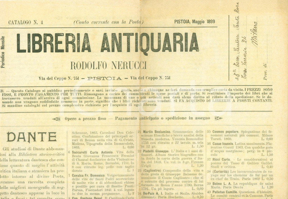 Giornale, rivista storica 1899 PISTOIA Libreria Antiquaria Rodolfo NERUCCI Catalogo schede bibliografiche 1