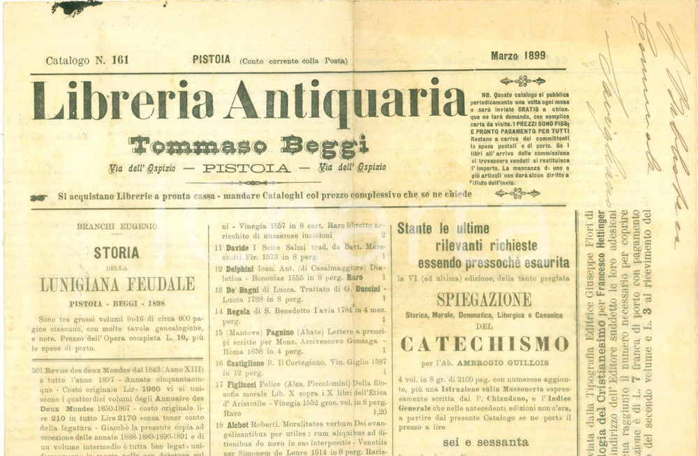 Giornale, rivista storica 1899 PISTOIA Libreria Antiquaria Tommaso BEGGI Bollettino schede bibliografiche 1