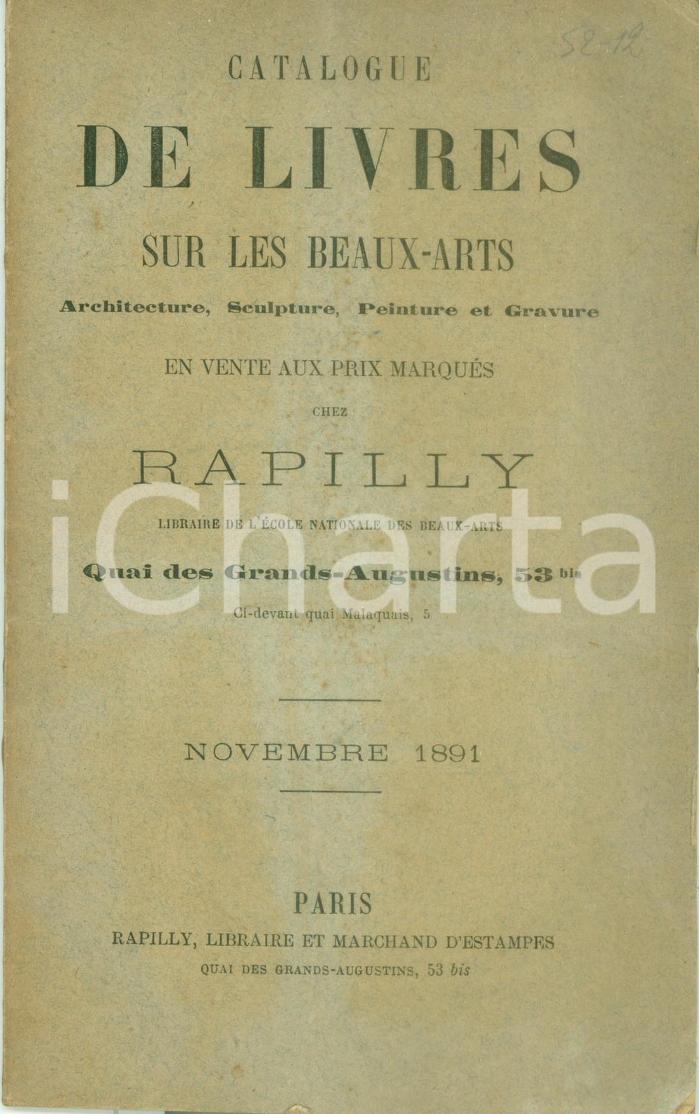 Giornale, rivista storica 1891 PARIS Catalogue de livres sur les beauxarts estampes en vente chez RAPILLY 1