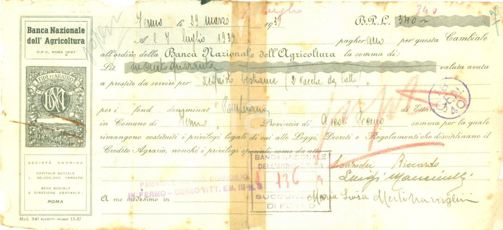 Documento originale, autentico 1939 FERMO Banca Nazionale dell Agricoltura Cambiale pubblicitaria DANNEGGIATA 1