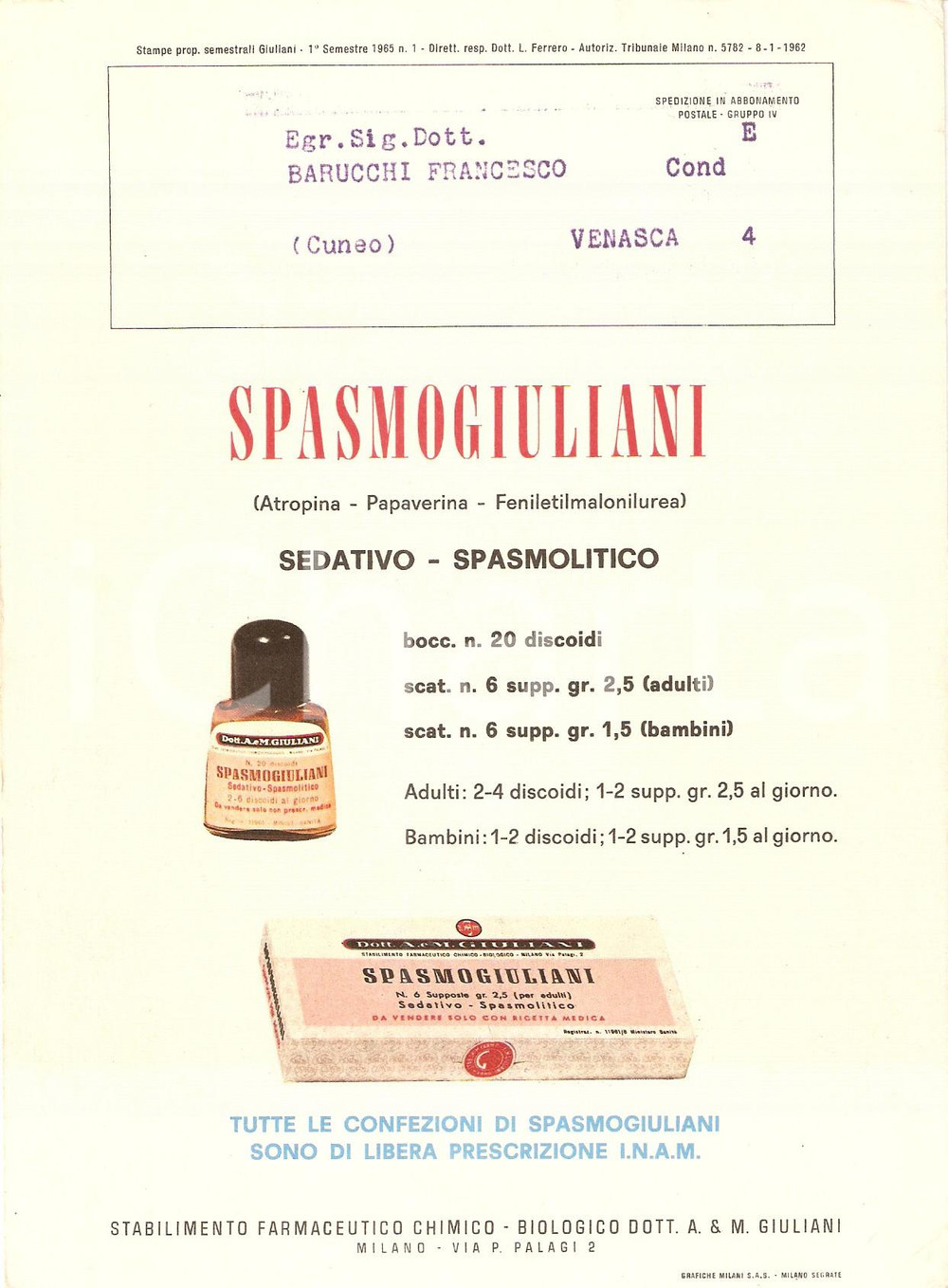 Materiale pubblicitario d’epoca 1962 MILANO Stabilimento farmaceutico GIULIANI Spasmogiuliani Volantino 16 x 21 1