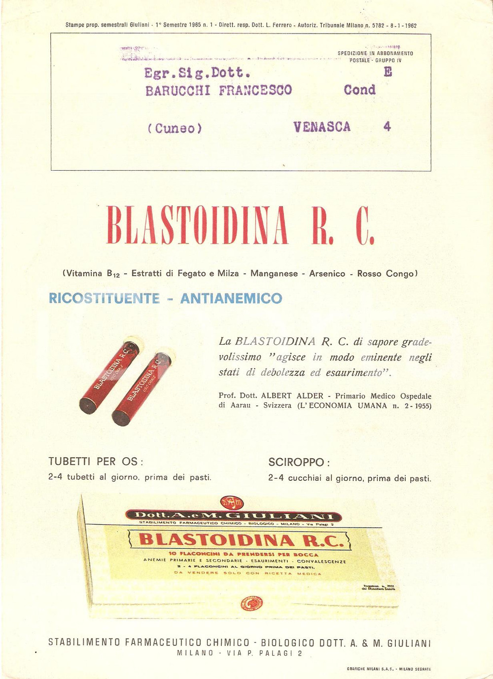 Materiale pubblicitario d’epoca 1962 MILANO Stabilimento farmaceutico GIULIANI Blastoidina Volantino 15x21 cm 1