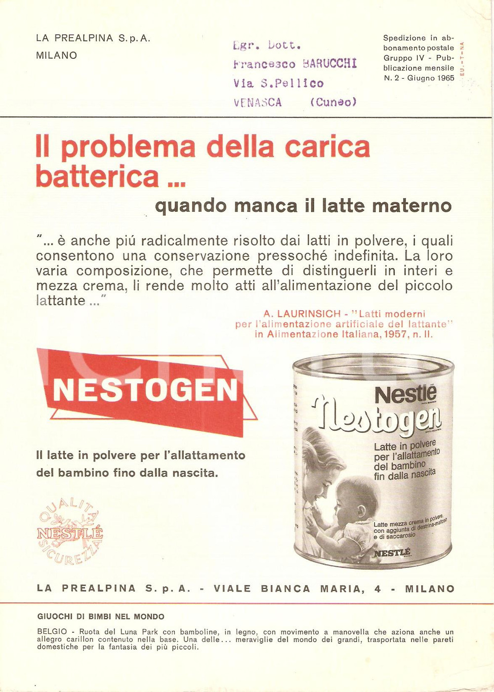 Materiale pubblicitario d’epoca 1965 NESTLE  Latte in polvere NESTOGEN per allattamento Volantino 14x15 cm 1