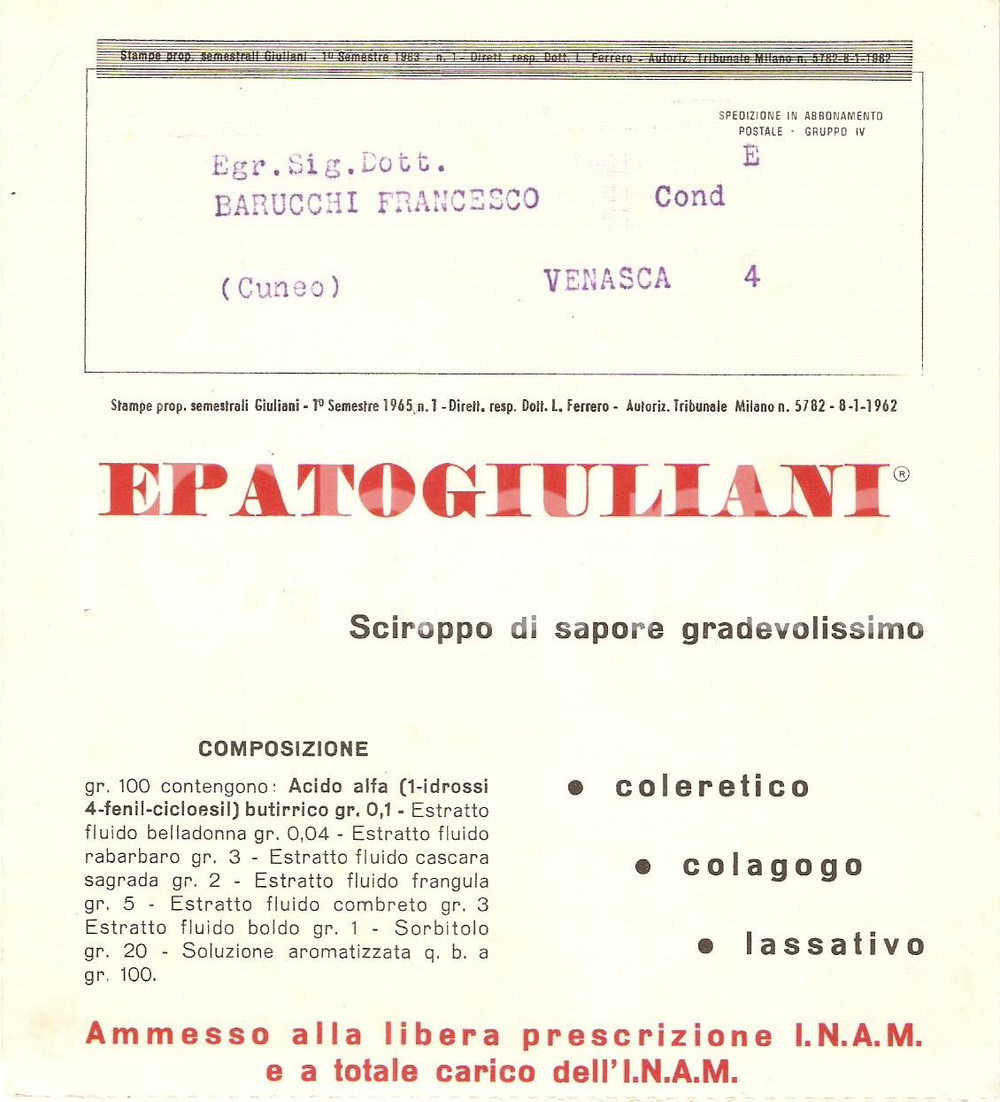 Materiale pubblicitario d’epoca 1962 MILANO Stabilimento farmaceutico GIULIANI Epatogiuliani Volantino 14x15 cm 1