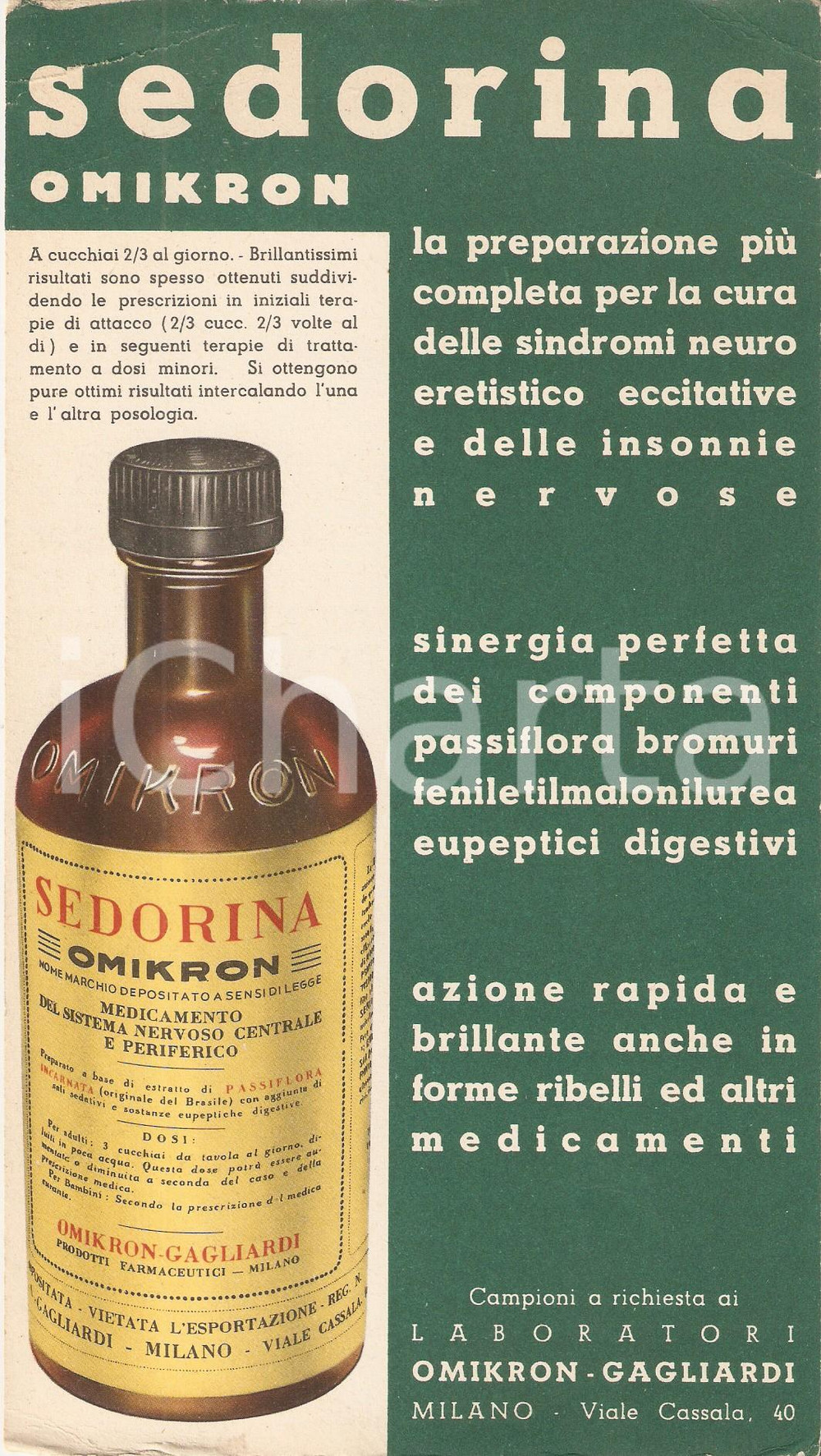Materiale pubblicitario d’epoca 1953 MILANO Laboratori OMIKRON GAGLIARDI Farmaco SEDORINA Volantino 13x24 cm 1