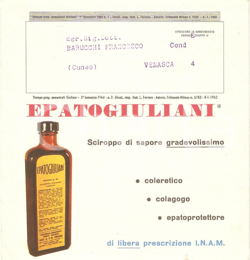 Materiale pubblicitario d’epoca 1962 MILANO Stabilimento farmaceutico GIULIANI Epatogiuliani Volantino 15x16 cm 1