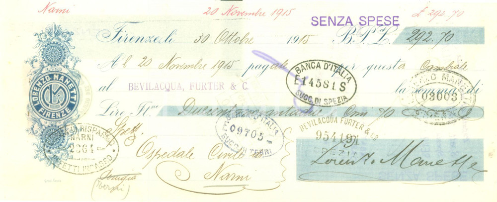 Documento originale, autentico 1915 FIRENZE Ditta Lorenzo MANETTI Cambiale pubblicitaria intestata 1