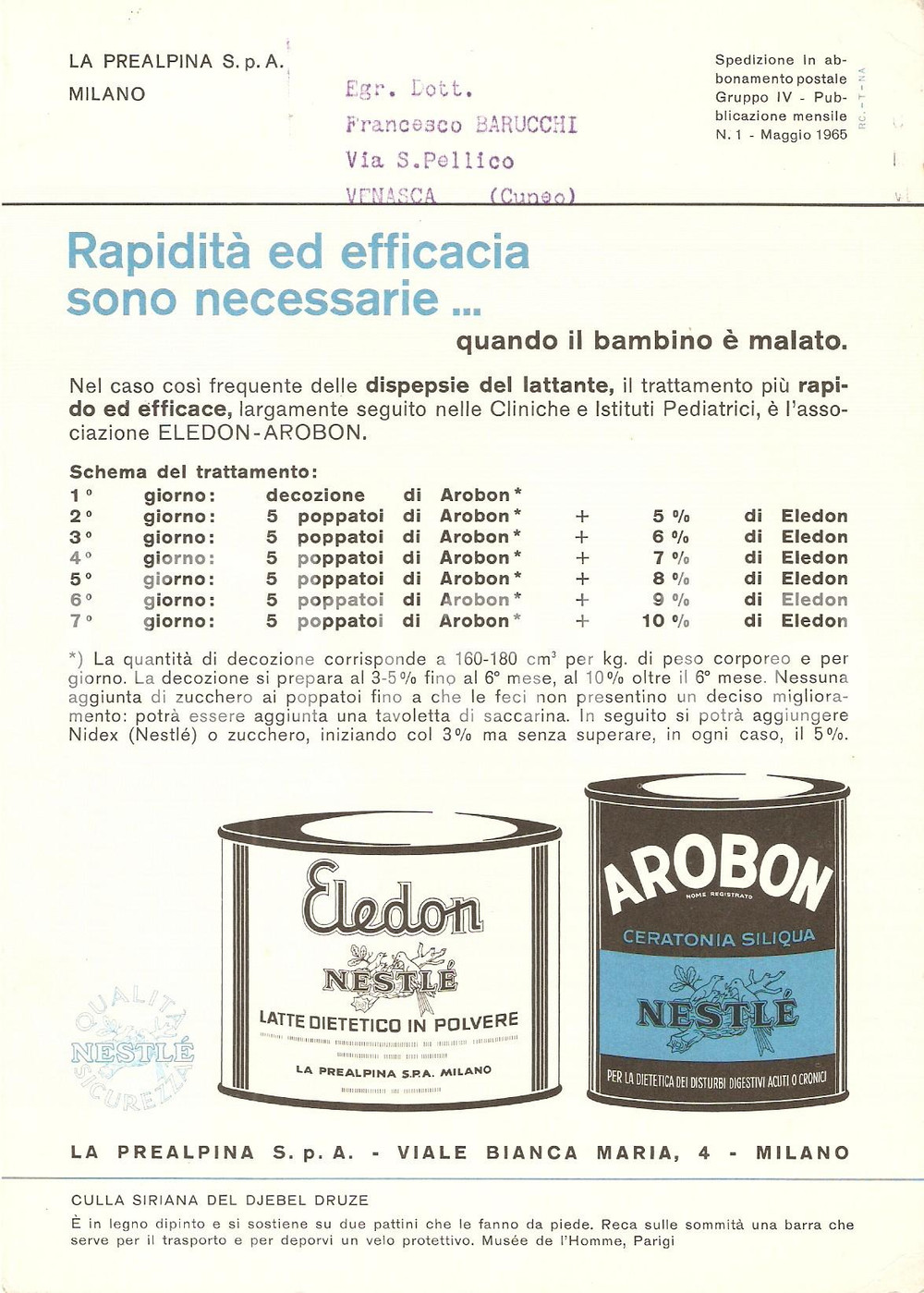 Materiale pubblicitario d’epoca 1965 NESTLE  Latte dietetico ELEDON Ceratonia siliqua AROBON Volantino 15x21 cm 1