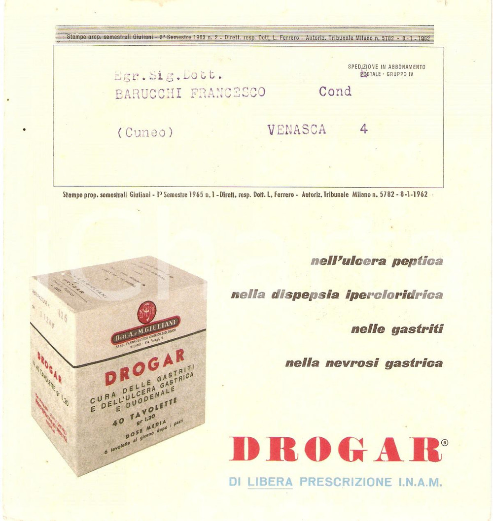 Materiale pubblicitario d’epoca 1962 MILANO Stabilimento farmaceutico GIULIANI Farmaco DROGAR Volantino 15x16 cm 1