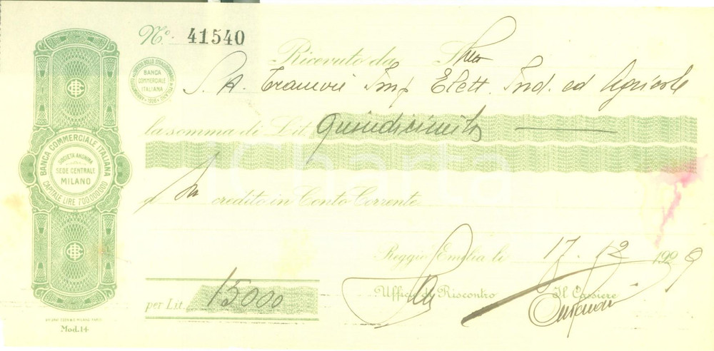 Documento originale, autentico 1929 MILANO Banca Commerciale Italiana Ricevuta pubblicitaria intestata 1