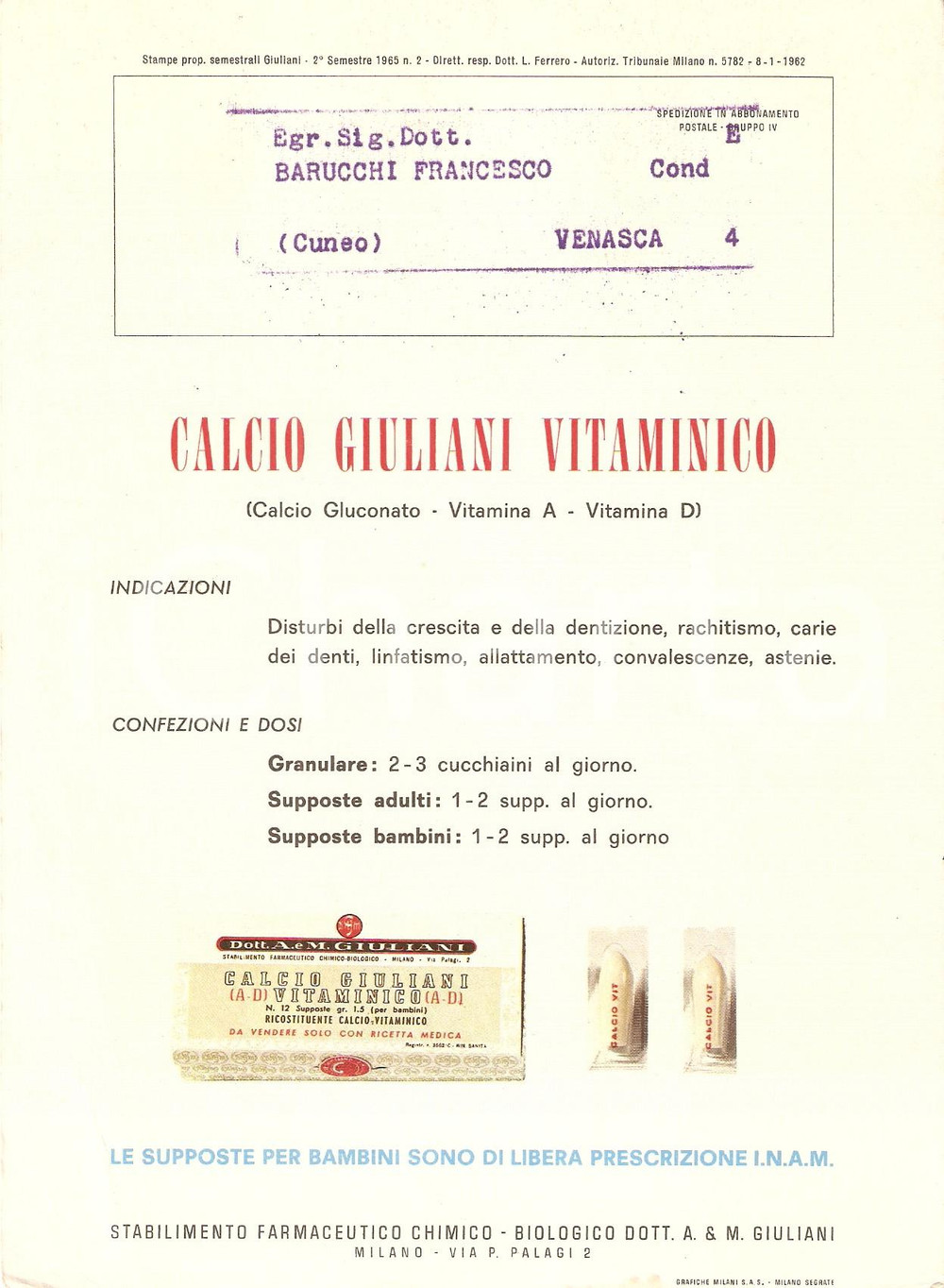 Materiale pubblicitario d’epoca 1962 MILANO Stabilimento farmaceutico GIULIANI Vitaminico Volantino 16x22 cm 1