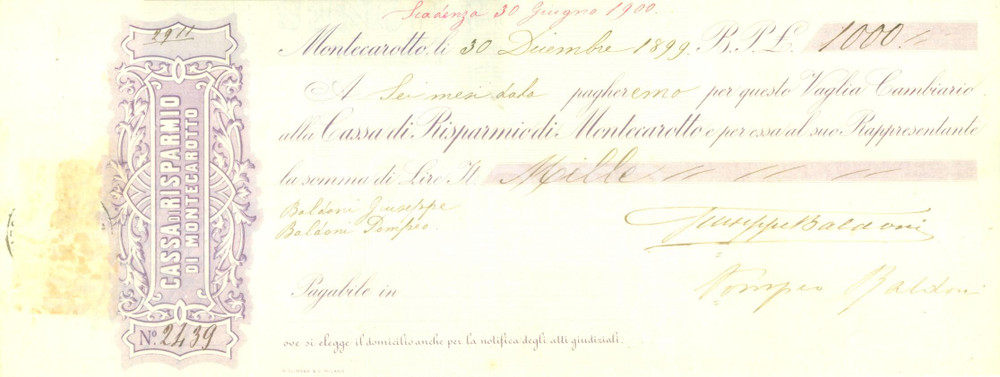 Documento originale, autentico 1899 MONTECAROTTO AN Cassa di Risparmio Vaglia cambiario intestato 1