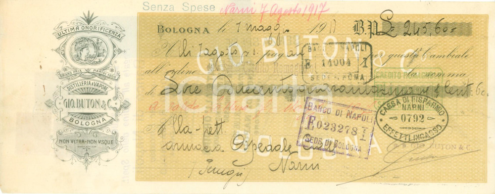 Oggetto da collezione cartaceo 1917 BOLOGNA Distilleria a vapore Giovanni BUTON & C. Cambiale pubblicitaria 1