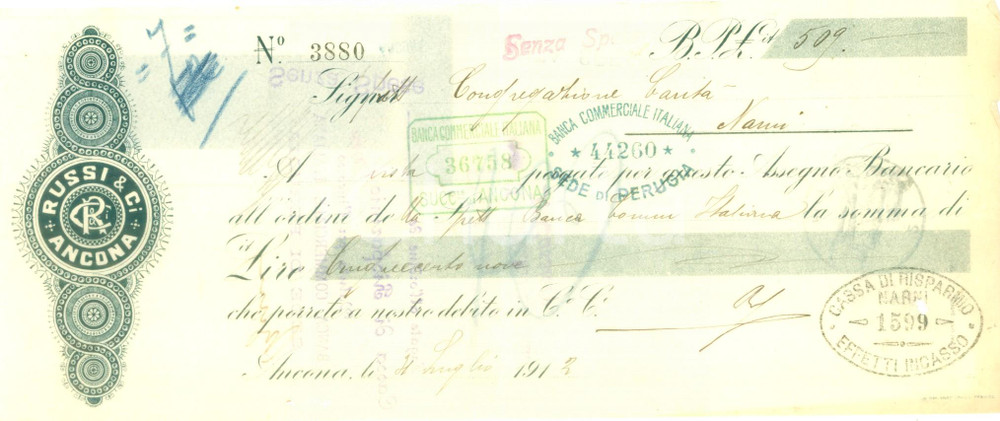Documento originale, autentico 1912 ANCONA Ditta RUSSI & C.i Assegno bancario pubblicitario 1
