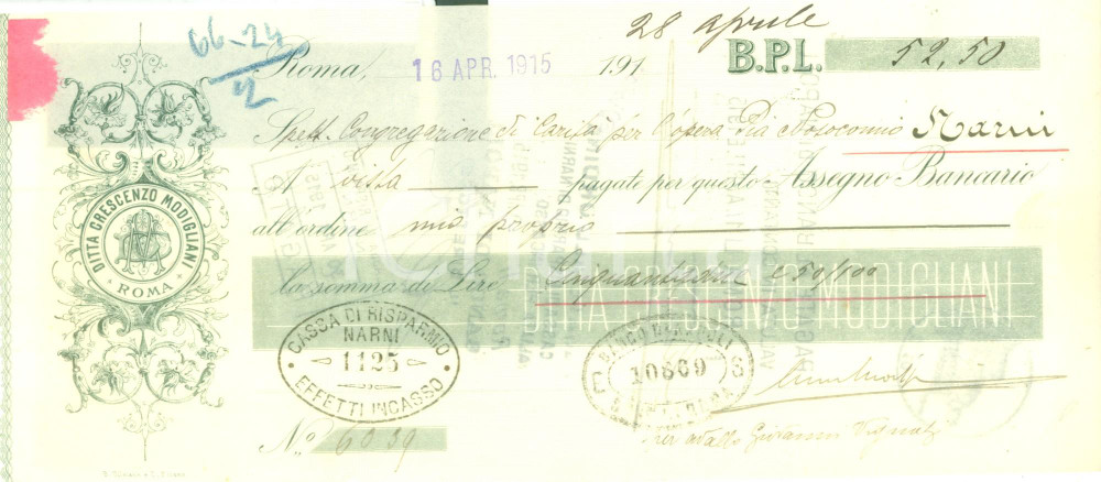 Documento originale, autentico 1915 ROMA Ditta Crescenzio MODIGLIANI Assegno bancario pubblicitario 1