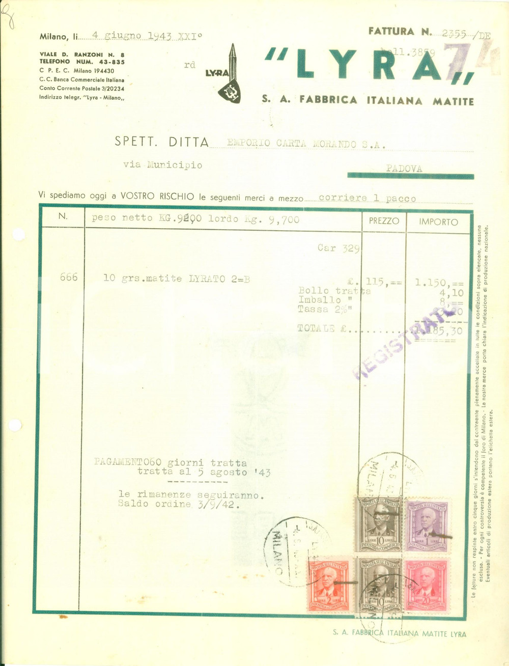 1943 MILANO Fabbrica italiana matite LYRA *Fattura commerciale Milano - Viale Ranzoni n. 8Fattura commerciale dattiloscritta d'epoca, originale, autentica.  GOOD/buono   originale e autentica 1