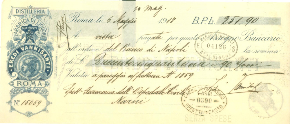 Documento originale, autentico 1918 ROMA Distilleria Eredi VANNISANTI Fabbrica liquori Cambiale pubblicitaria 1