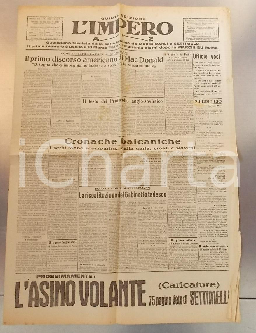 Giornale, rivista storica 1929 L IMPERO Primo discorso americano di Ramsay MacDONALD Giornale 1