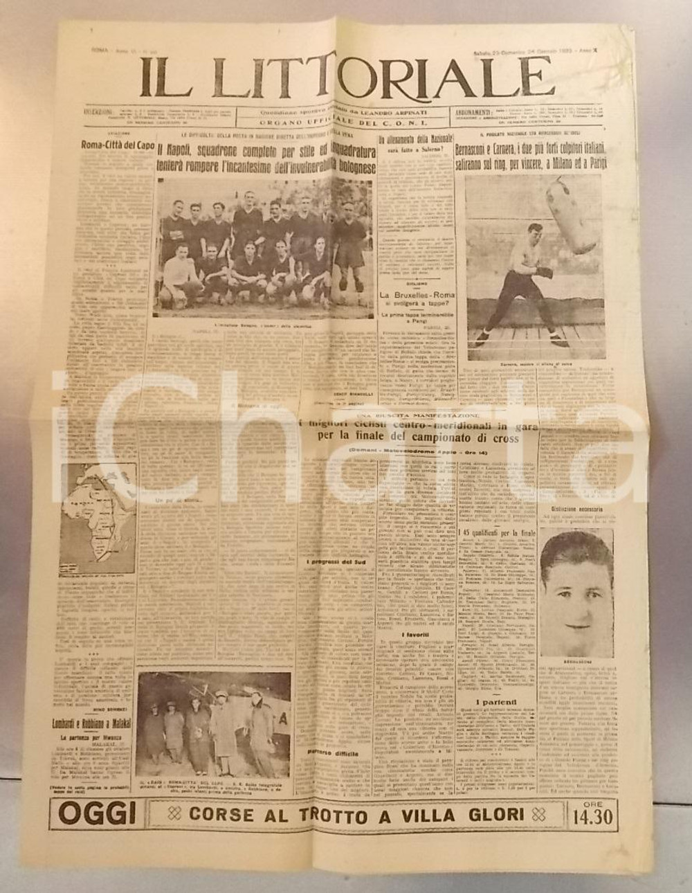 Giornale, rivista storica 1932 IL LITTORIALE CALCIO Squadra NAPOLI tenta di battere il BOLOGNA Giornale 1