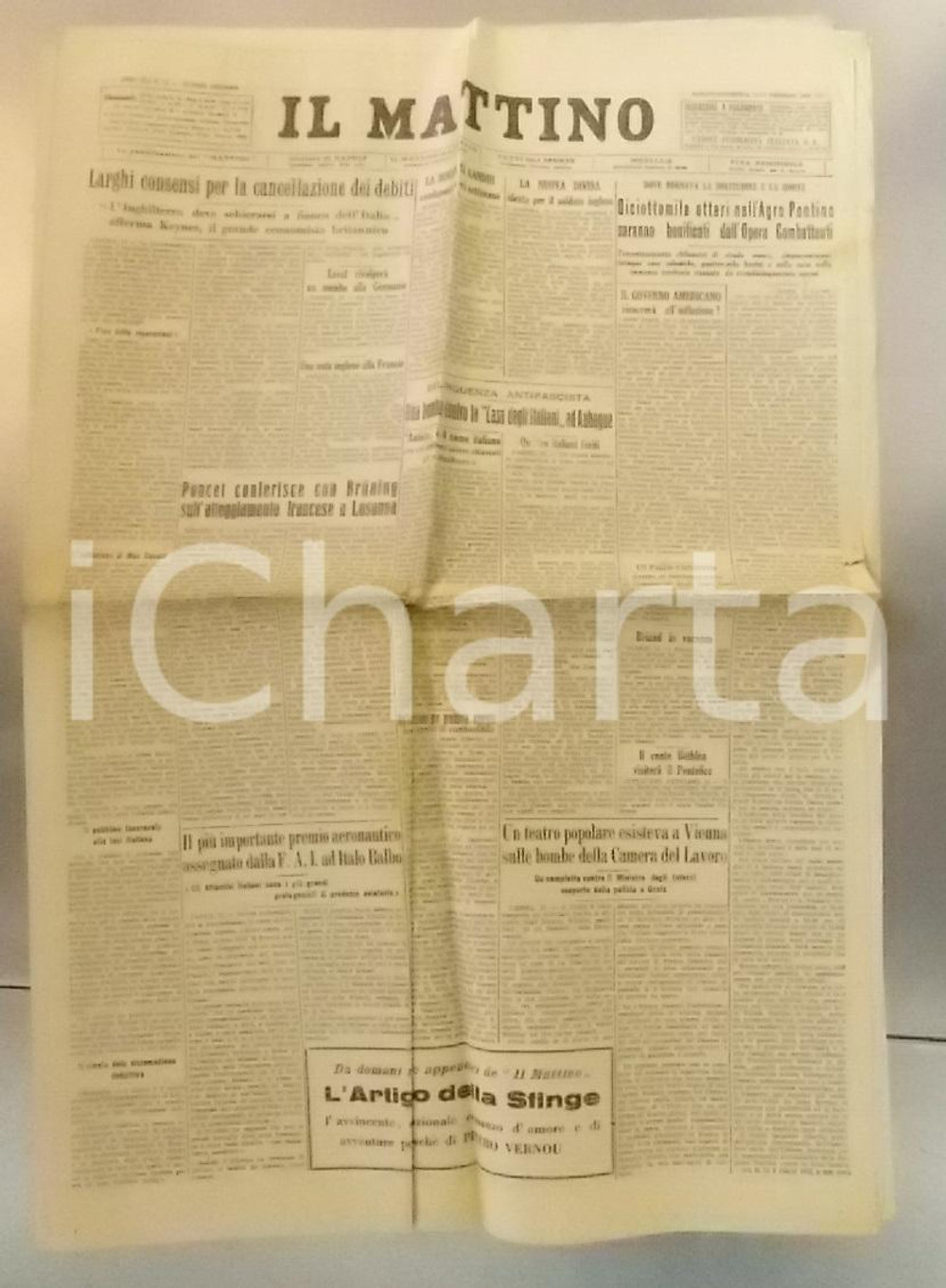 Giornale, rivista storica 1932 IL MATTINO Opera Combattenti bonifica ettari AGRO PONTINO Giornale 1
