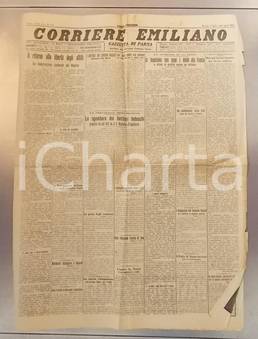 Giornale, rivista storica 1930 CORRIERE EMILIANO Sgombero territori tedeschi della RENANIA Giornale 1