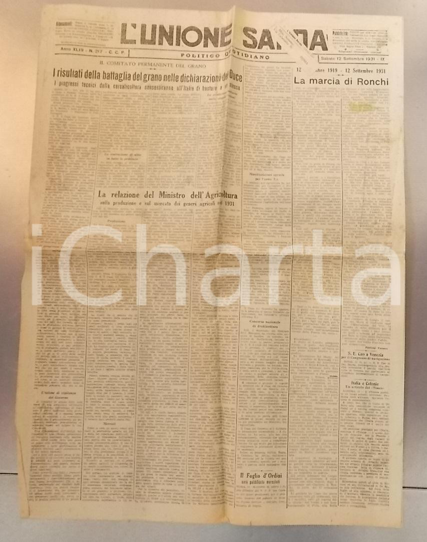 Giornale, rivista storica 1931 L UNIONE SARDA Risultati Battaglia del Grano nelle dichiarazioni del DUCE 1