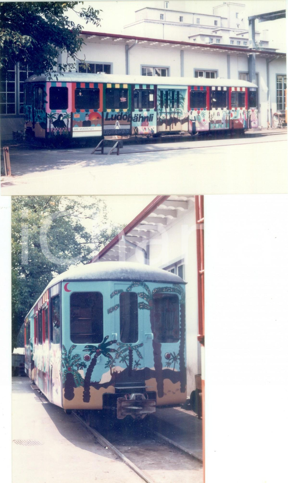 Fotografia d epoca originale 1975 ca SVIZZERA Ferrovie LUDO BAHNLI Locomotiva dipinta Lotto 2 fotografie 1